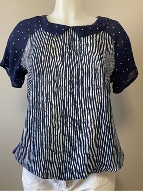 Paperdolls - Navy and White Striped Front with Polka Dot Sleeve Peter Collar Top
